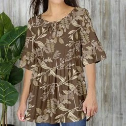Best deal 😍 Bon Apple Tea Brown & Beige Foliage Ruffle-Sleeve Tunic - 👩 Women 👍