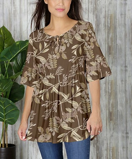 Best deal π Bon Apple Tea Brown & Beige Foliage Ruffle-Sleeve Tunic - π© Women π