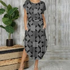 Buy ❤️ Bon Apple Tea Black & Gray Abstract Pocket Curved-Hem Midi 👗 Dress - 👩 Women 💯