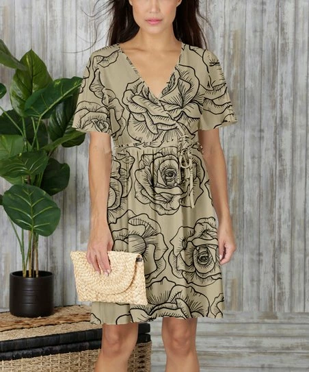 New β¨ Bon Apple Tea Beige & Black Rose Short-Sleeve A-Line π Dress - Plus π 1 New β¨ Bon Apple Tea Beige & Black Rose Short-Sleeve A-Line π Dress - Plus π
