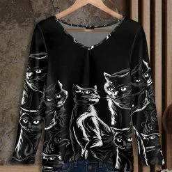 Best Pirce 🧨 Bon Apple Tea Black & Gray Cat V-Neck Long-Sleeve Tunic - 👩 Women & Plus 💯
