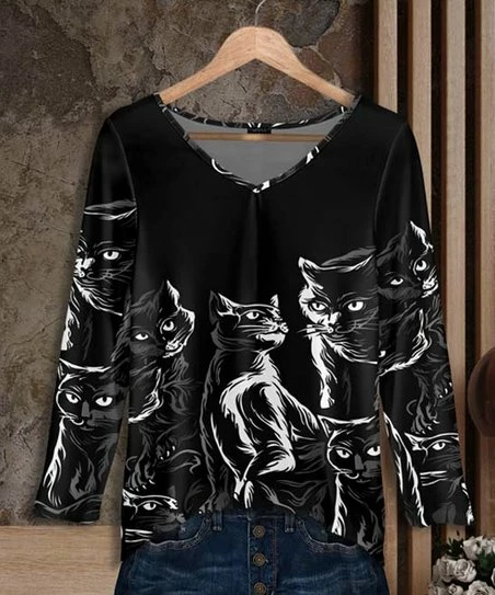 Best Pirce 𧨠Bon Apple Tea Black & Gray Cat V-Neck Long-Sleeve Tunic - π© Women & Plus π― 1 Best Pirce 𧨠Bon Apple Tea Black & Gray Cat V-Neck Long-Sleeve Tunic - π© Women & Plus π―