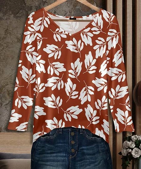 Buy β€οΈ Bon Apple Tea Rust & White Leaf V-Neck Tunic - π© Women π 1 Buy β€οΈ Bon Apple Tea Rust & White Leaf V-Neck Tunic - π© Women π