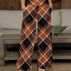 Discount ⌛ Bon Apple Tea Black & Orange Diamond Plaid Pocket Wide-Leg Pants - 👩 Women 😀