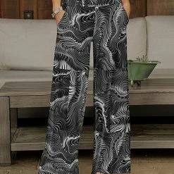 New 🧨 Bon Apple Tea Black & Gray Abstract Pocket Wide-Leg Pants - 👩 Women 😍