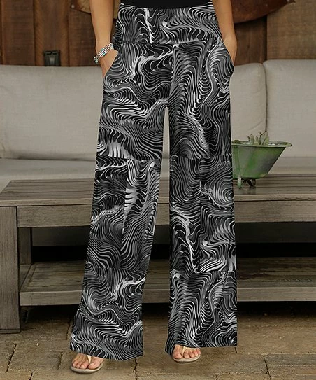 New 𧨠Bon Apple Tea Black & Gray Abstract Pocket Wide-Leg Pants - π© Women π 1 New 𧨠Bon Apple Tea Black & Gray Abstract Pocket Wide-Leg Pants - π© Women π