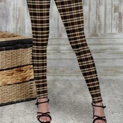 Discount 😍 Bon Apple Tea Brown & Beige Plaid Leggings - 👩 Women 🎁