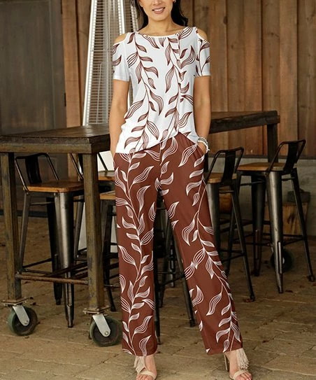 Outlet π― Bon Apple Tea White & Clay Leaf Cutout Top & Clay & Pants - Plus π 1 Outlet π― Bon Apple Tea White & Clay Leaf Cutout Top & Clay & Pants - Plus π