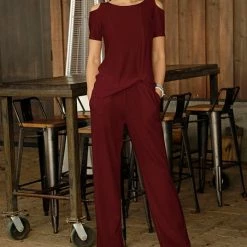 Flash Sale 👏 Bon Apple Tea Burgundy Cutout Top & Straight-Leg Pants - 👩 Women 👍