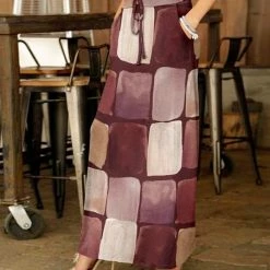 Deals 👏 Bon Apple Tea Burgundy & Beige Square Drawstring Pocket Maxi 👗 Skirt - Plus 😉