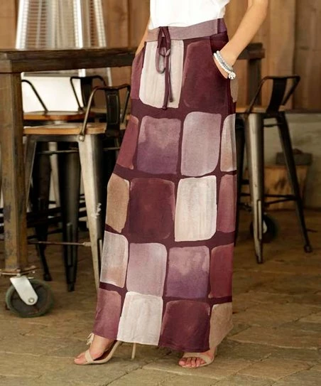 Deals π Bon Apple Tea Burgundy & Beige Square Drawstring Pocket Maxi π Skirt - Plus π 1 Deals π Bon Apple Tea Burgundy & Beige Square Drawstring Pocket Maxi π Skirt - Plus π