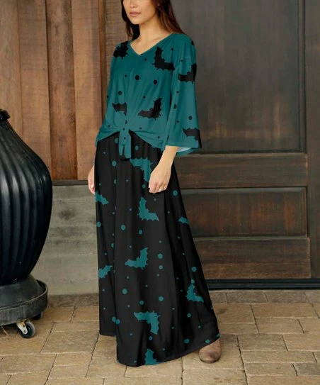 Best Sale π Bon Apple Tea Black & Teal Bat Tie-Front V-Neck Top & Maxi π Skirt - Plus π 1 Best Sale π Bon Apple Tea Black & Teal Bat Tie-Front V-Neck Top & Maxi π Skirt - Plus π