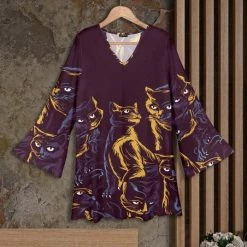 Best reviews of 🌟 Bon Apple Tea Plum & Yellow Abstract Cat V-Neck Three-Quarter Sleeve Tunic - 👩 Women & Plus ⭐