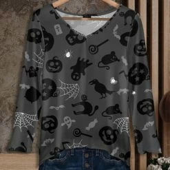 Top 10 ⭐ Bon Apple Tea Gray & Black Jack-O'-Lantern Cat V-Neck Long-Sleeve Tunic - Plus 💯