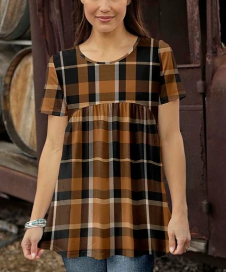 Budget ๐ Bon Apple Tea Black & Orange Plaid Empire-Waist Top - ๐ฉ Women ๐งจ