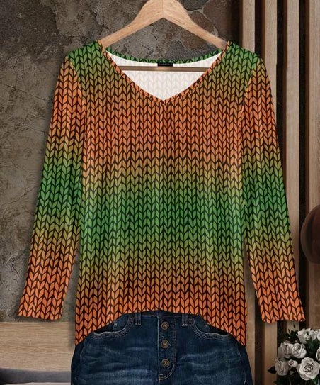 Budget β Bon Apple Tea Orange & Green Abstract V-Neck Hi-Low Top - π© Women β