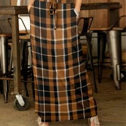 Brand new ❤️ Bon Apple Tea Black & Rust Plaid Drawstring Pocket Maxi 👗 Skirt - 👩 Women 😉