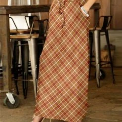 Promo 🥰 Bon Apple Tea Yellow & Orange Plaid Drawstring Pocket Maxi 👗 Skirt - 👩 Women ❤️