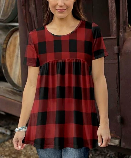 Cheap π Bon Apple Tea Red & Black Buffalo Check Empire-Waist Top - π© Women & Plus π€© 1 Cheap π Bon Apple Tea Red & Black Buffalo Check Empire-Waist Top - π© Women & Plus π€©