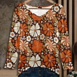 Discount 🎁 Bon Apple Tea Brown & Orange Floral V-Neck Hi-Low Top - 👩 Women 😉