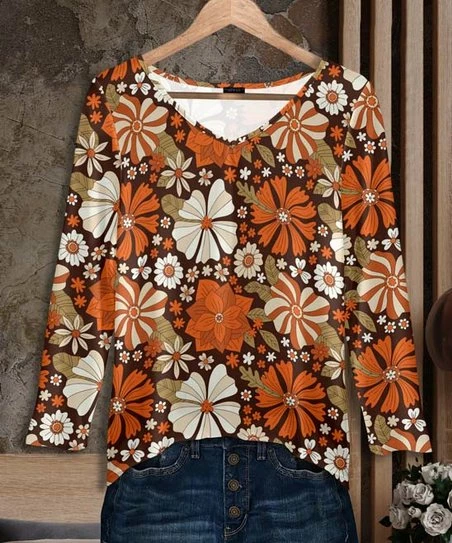 Discount 🎁 Bon Apple Tea Brown & Orange Floral V-Neck Hi-Low Top - 👩 Women 😉