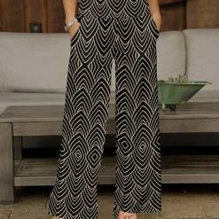 Cheap 🥰 Bon Apple Tea Black & Cream Zigzag Pocket Wide-Leg Pants - 👩 Women 💯