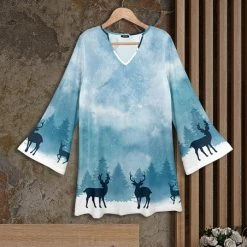 New 🔥 Bon Apple Tea Blue & White Abstract Reindeer Bell-Sleeve V-Neck Tunic - Plus 🔥
