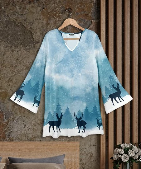 New π₯ Bon Apple Tea Blue & White Abstract Reindeer Bell-Sleeve V-Neck Tunic - Plus π₯ 1 New π₯ Bon Apple Tea Blue & White Abstract Reindeer Bell-Sleeve V-Neck Tunic - Plus π₯