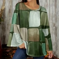 Best deal 🎁 Bon Apple Tea Green & Beige Abstract Flared-Sleeve Top - 👩 Women & Plus ❤️