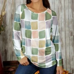 Best Pirce ⌛ Bon Apple Tea White & Green Geometric Raglan Top - 👩 Women & Plus 🎁