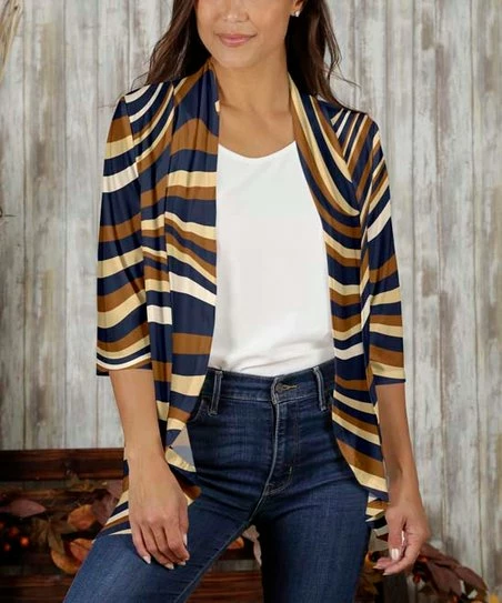 Flash Sale 👍 Bon Apple Tea Navy & Beige Stripe Open Cardigan - Plus 🛒 1 Flash Sale 👍 Bon Apple Tea Navy & Beige Stripe Open Cardigan - Plus 🛒