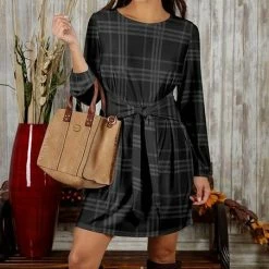 New ✨ Bon Apple Tea Black & Gray Plaid Tie-Waist A-Line 👗 Dress - Plus 😉