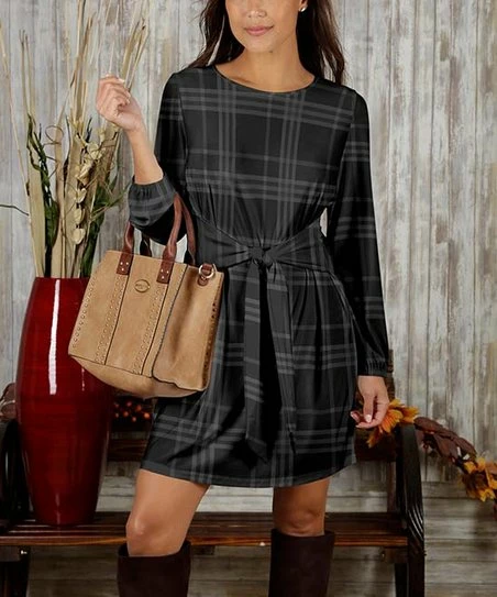 New β¨ Bon Apple Tea Black & Gray Plaid Tie-Waist A-Line π Dress - Plus π 1 New β¨ Bon Apple Tea Black & Gray Plaid Tie-Waist A-Line π Dress - Plus π