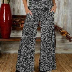 Buy ⌛ Bon Apple Tea Black & Gray Abstract Pocket Wide Pants - 👩 Women & Plus 🔔