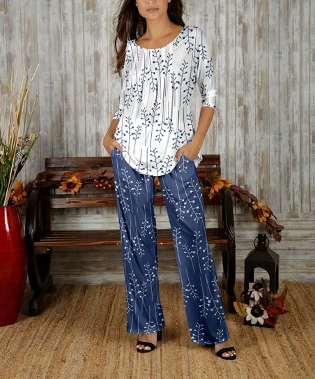 Cheap π Bon Apple Tea White & Blue Bud Branch Pleated Scoop Neck Top & Straight-Leg Pants - π© Women β 1 Cheap π Bon Apple Tea White & Blue Bud Branch Pleated Scoop Neck Top & Straight-Leg Pants - π© Women β