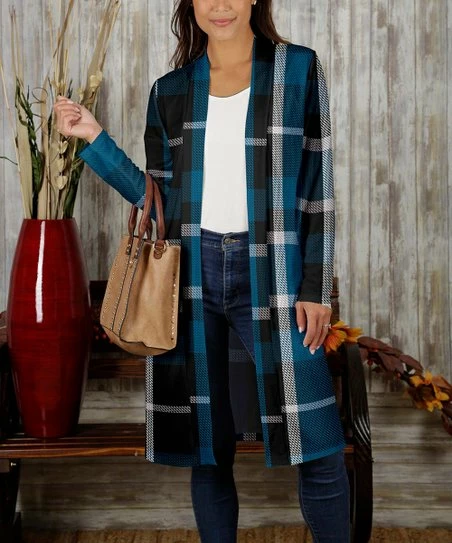 Budget ๐ฅฐ Bon Apple Tea Blue & Black Plaid Open Duster - Plus โค๏ธ