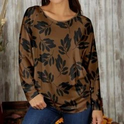 Wholesale ⭐ Bon Apple Tea Brown & Black Leaves Raglan Top - 👩 Women & Plus 👍