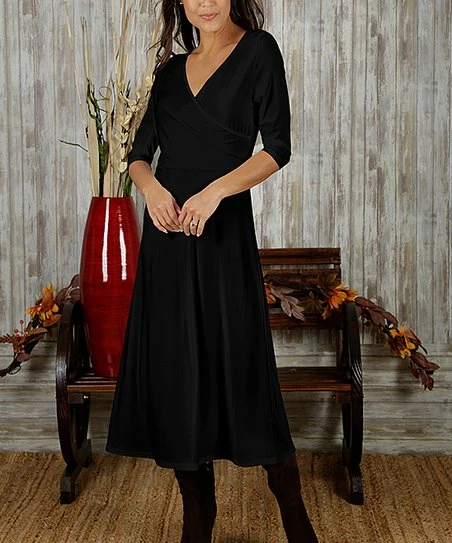Cheapest π€© Bon Apple Tea Black Three-Quarter Sleeve Surplice Midi π Dress - π© Women & Plus π 1 Cheapest π€© Bon Apple Tea Black Three-Quarter Sleeve Surplice Midi π Dress - π© Women & Plus π