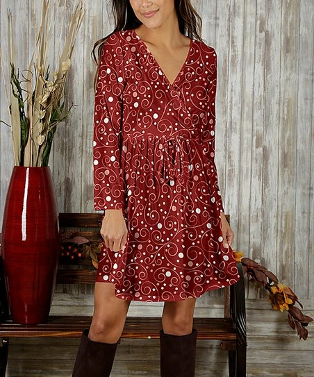 Best Sale 😍 Bon Apple Tea Red & White Dot Swirl Drawstring-Waist Long-Sleeve Surplice 👗 Dress - Plus 🎉