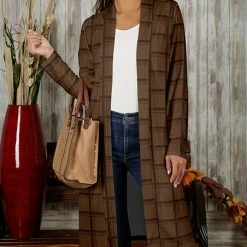 Best Pirce ✔️ Bon Apple Tea Brown & Dark Brown Windowpane Longline Open Cardigan - 👩 Women 🥰