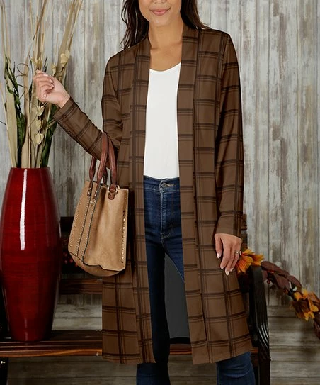 Best Pirce โ๏ธ Bon Apple Tea Brown & Dark Brown Windowpane Longline Open Cardigan - ๐ฉ Women ๐ฅฐ