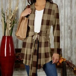 Promo ⌛ Bon Apple Tea Beige & Brown Plaid Tie-Waist Cardigan - Plus ✨