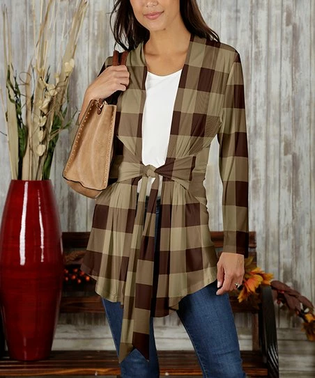 Promo ⌛ Bon Apple Tea Beige & Brown Plaid Tie-Waist Cardigan - Plus ✨
