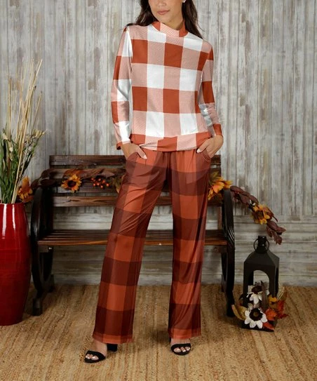 Flash Sale π Bon Apple Tea Rust & White Plaid Mock Neck Tunic & Pocket Lounge Pants - π© Women & Plus π 1 Flash Sale π Bon Apple Tea Rust & White Plaid Mock Neck Tunic & Pocket Lounge Pants - π© Women & Plus π