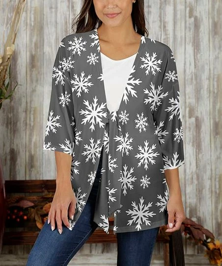 Cheapest π Bon Apple Tea Gray & White Snowflake Tie-Waist Open Cardigan - Plus π 1 Cheapest π Bon Apple Tea Gray & White Snowflake Tie-Waist Open Cardigan - Plus π