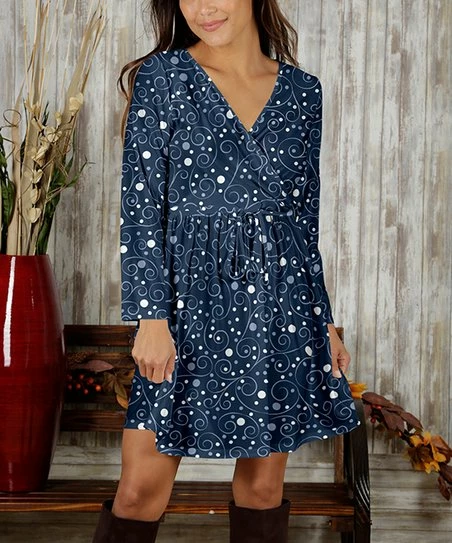 Outlet π Bon Apple Tea Blue & White Swirls Tie-Waist Surplice π Dress - π© Women π 1 Outlet π Bon Apple Tea Blue & White Swirls Tie-Waist Surplice π Dress - π© Women π