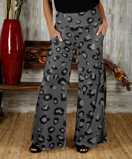 Best reviews of β€οΈ Bon Apple Tea Gray & Black Leopard Pocket Wide-Leg Pants - π© Women & Plus π