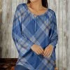 Wholesale 🎉 Bon Apple Tea Blue & Beige Plaid Keyhole-Accent Long-Sleeve Tunic - Plus ✔️