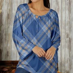 Wholesale 🎉 Bon Apple Tea Blue & Beige Plaid Keyhole-Accent Long-Sleeve Tunic - Plus ✔️