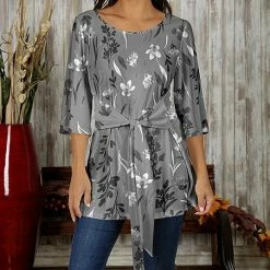 Discount 🌟 Bon Apple Tea Gray & White Floral Tie-Waist Scoop Neck Tunic - 👩 Women 😀